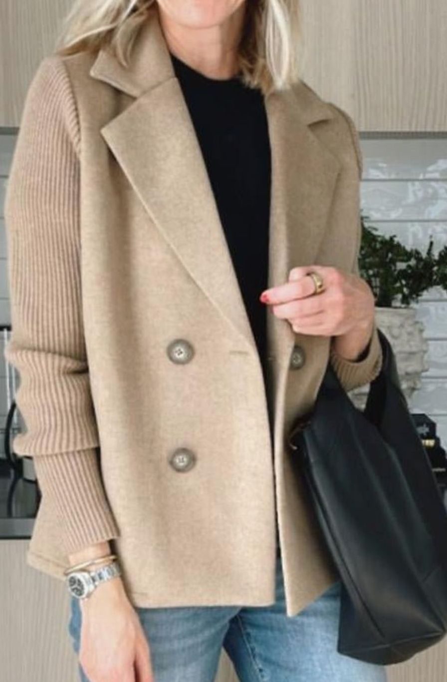 Women's Double-Breasted Knit Sleeve Wool-Blend Blazer - Beige