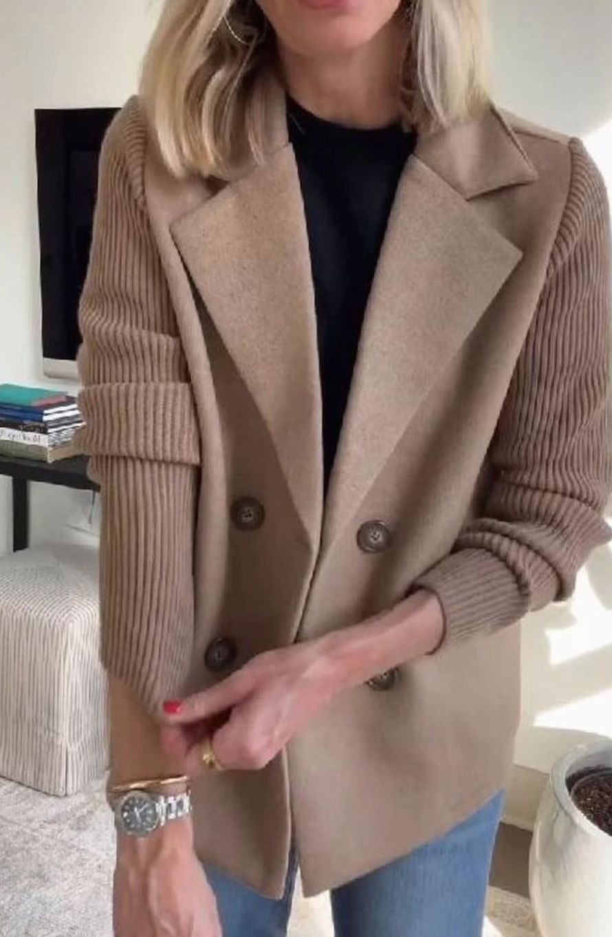 Women's Double-Breasted Knit Sleeve Wool-Blend Blazer