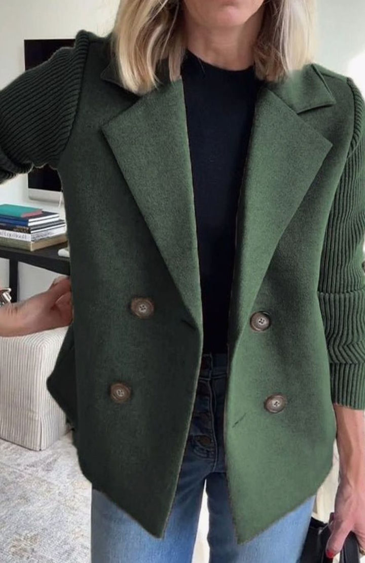 Women's Double-Breasted Knit Sleeve Wool-Blend Blazer - Green