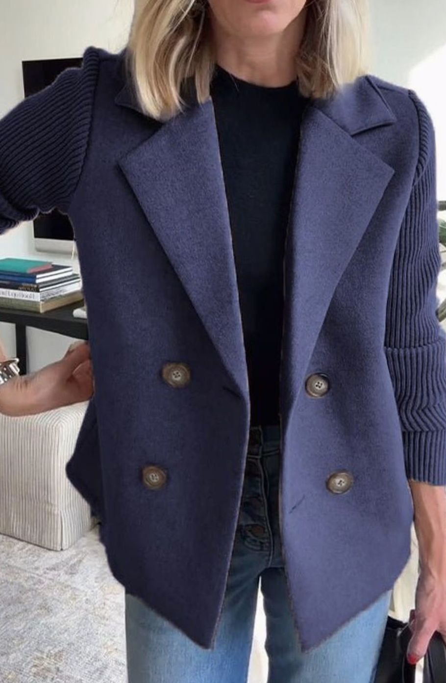 Women's Double-Breasted Knit Sleeve Wool-Blend Blazer - Blue