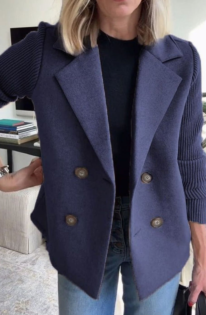 Women's Double-Breasted Knit Sleeve Wool-Blend Blazer - Blue