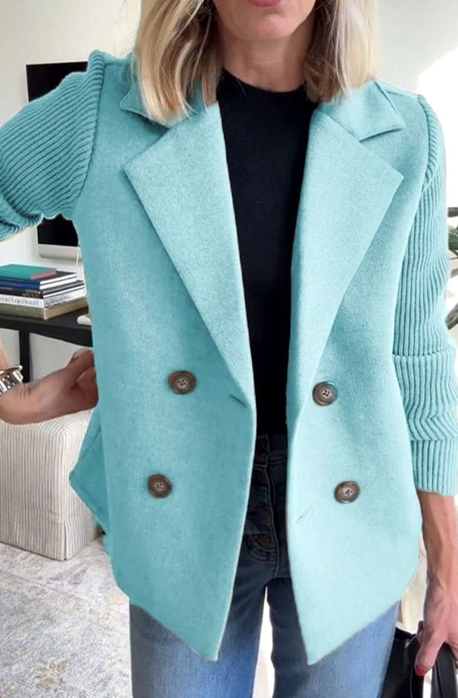 Women's Double-Breasted Knit Sleeve Wool-Blend Blazer - Light Blue