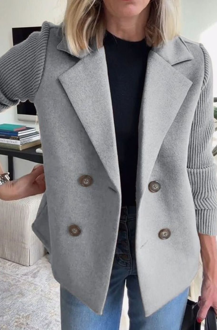 Women's Double-Breasted Knit Sleeve Wool-Blend Blazer - Gray