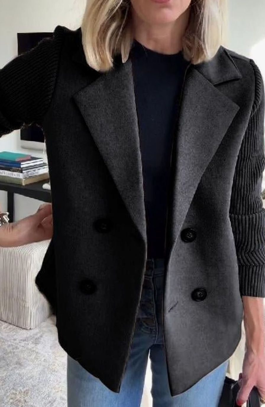 Women's Double-Breasted Knit Sleeve Wool-Blend Blazer - Black