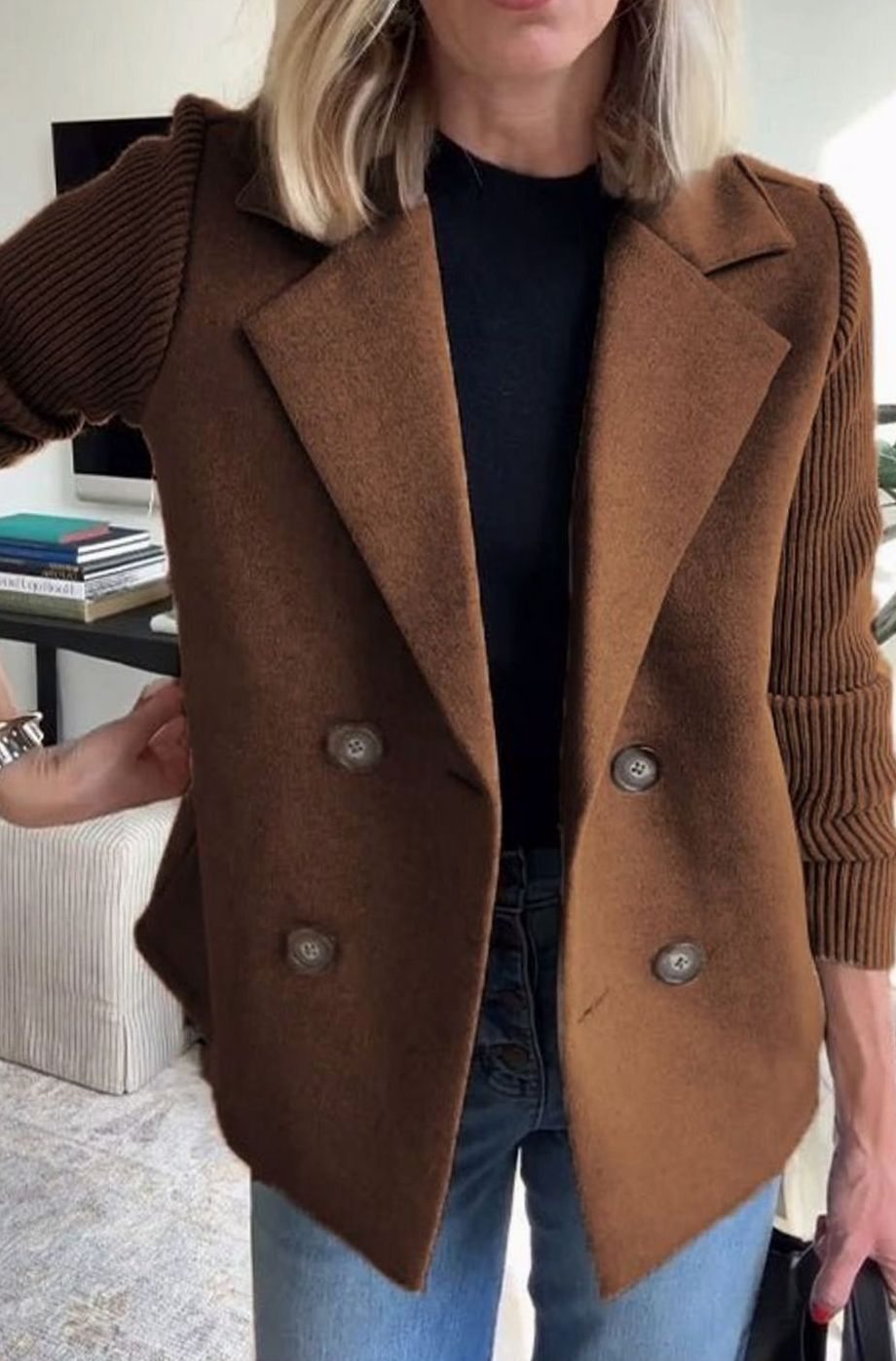 Women's Double-Breasted Knit Sleeve Wool-Blend Blazer - Brown