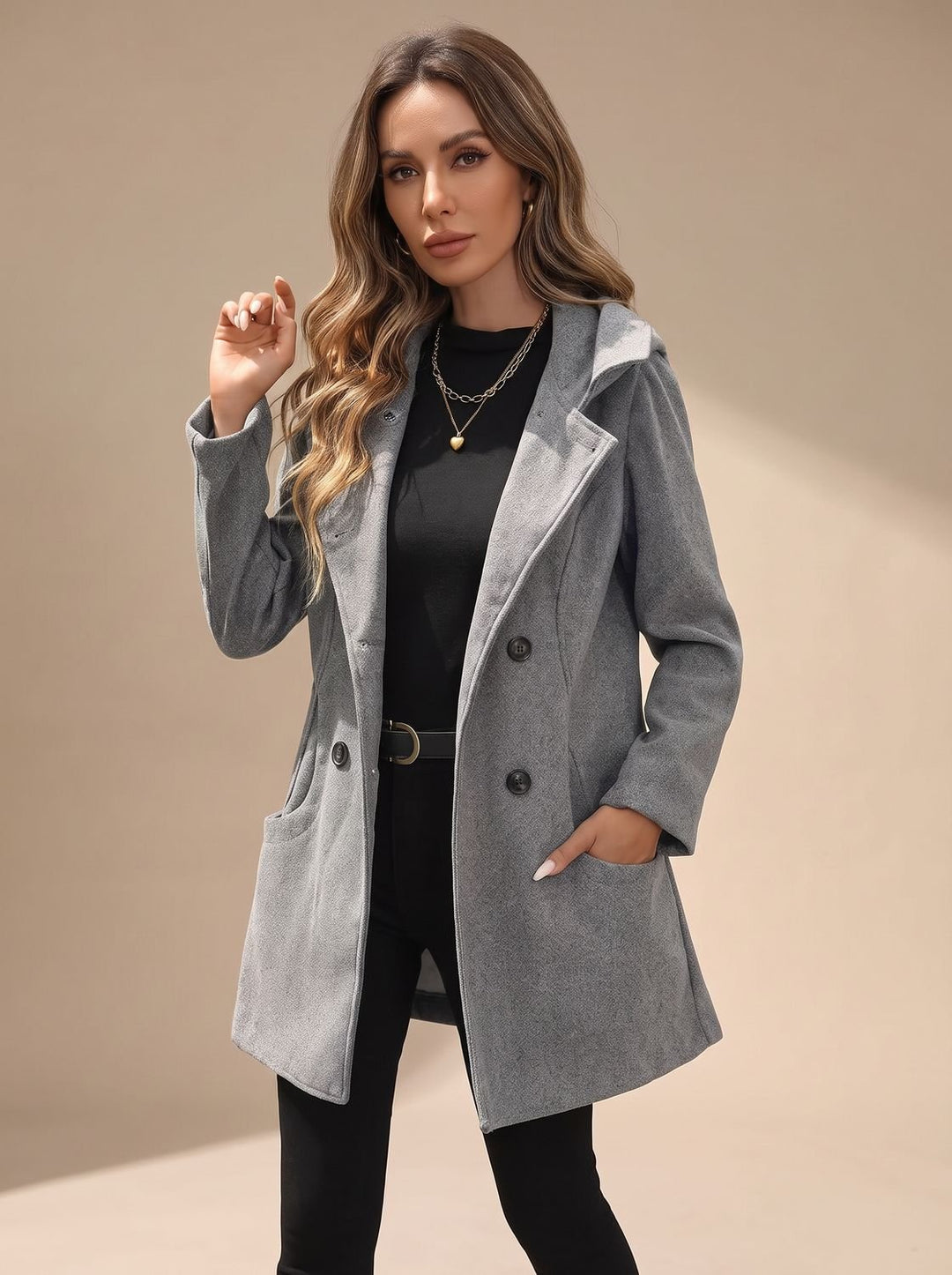 Women's Double-Breasted Lapel Wool-Blend Coat with Pockets