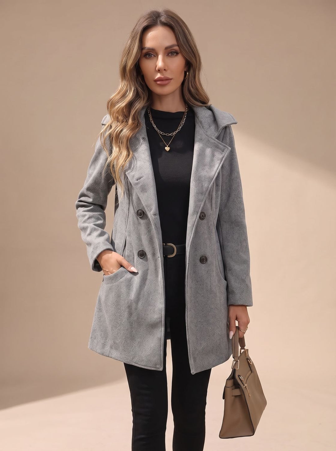 Women's Double-Breasted Lapel Wool-Blend Coat with Pockets
