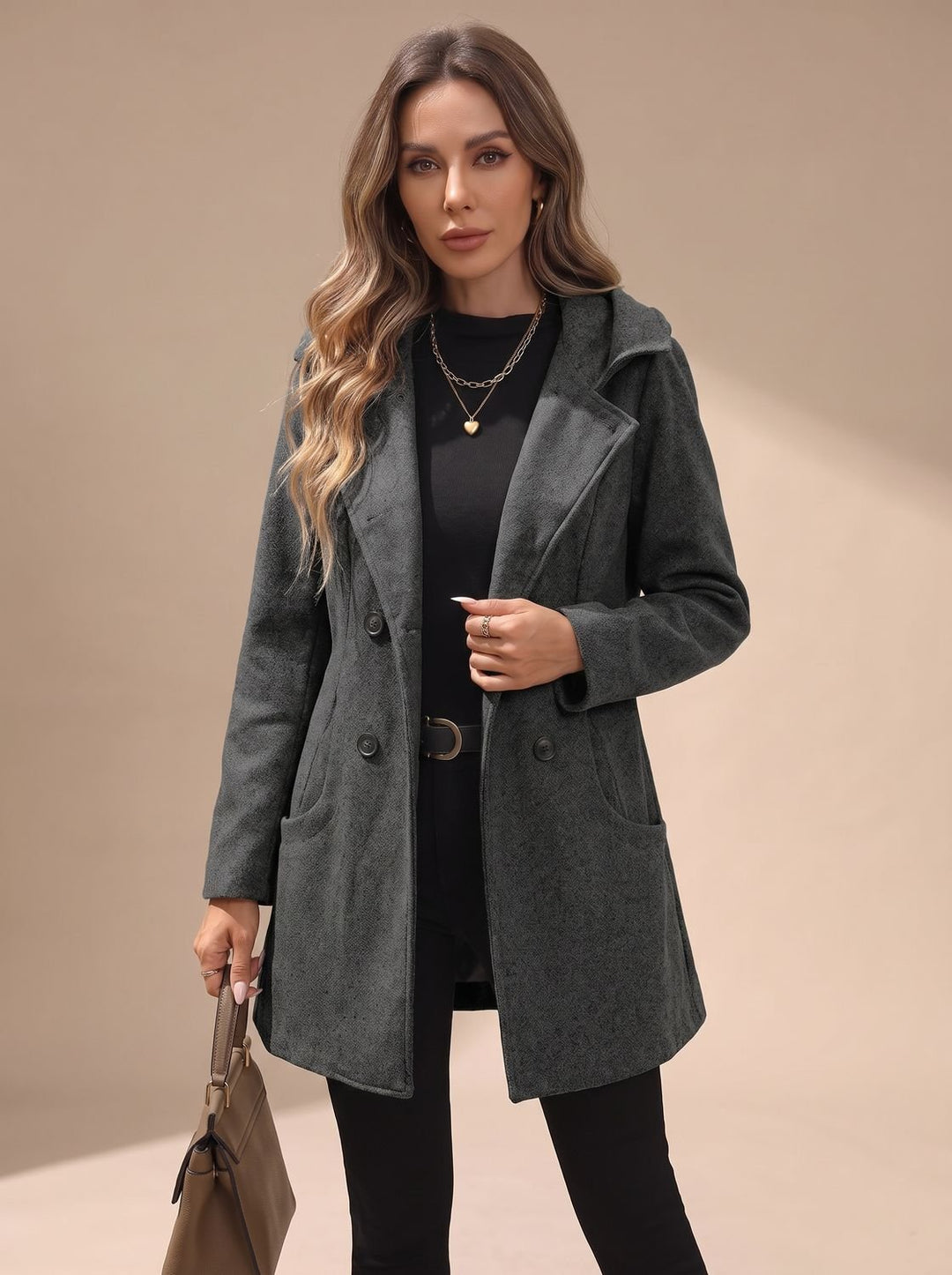 Women's Double-Breasted Lapel Wool-Blend Coat with Pockets - Dark Gray