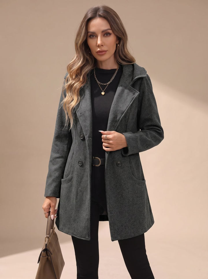 Women's Double-Breasted Lapel Wool-Blend Coat with Pockets - Dark Gray