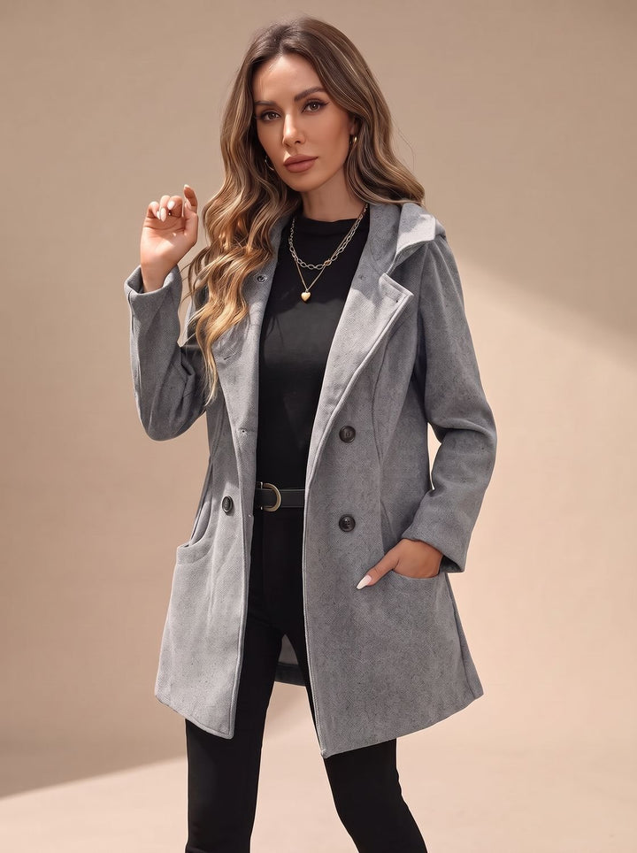 Women's Double-Breasted Lapel Wool-Blend Coat with Pockets - Gray