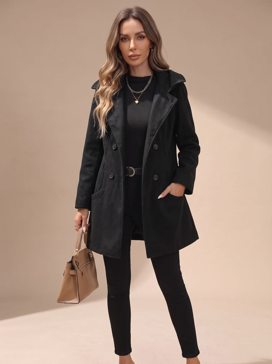 Women's Double-Breasted Lapel Wool-Blend Coat with Pockets - Black