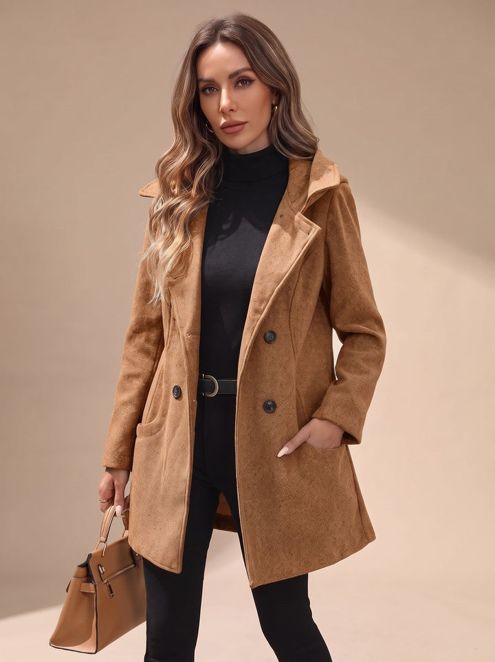 Women's Double-Breasted Lapel Wool-Blend Coat with Pockets - Caramel
