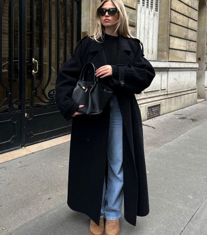 Women's Double-Breasted Long Belted Trench Coat - Black