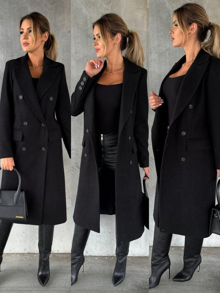 Women's Double-Breasted Long-Sleeve Midi Overcoat