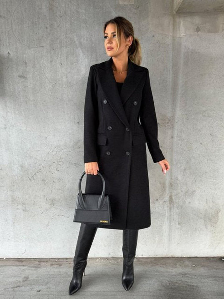 Women's Double-Breasted Long-Sleeve Midi Overcoat - Black