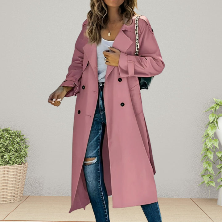 Women's Double-Breasted Longline Belted Trench Coat - Pink