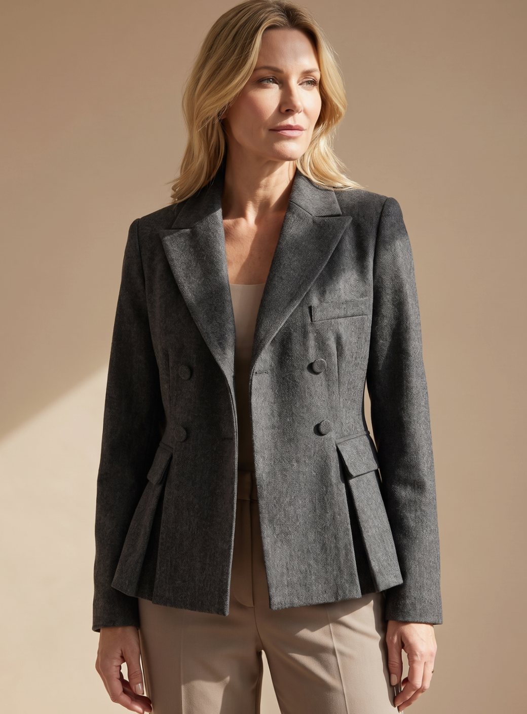 Women's Double-Breasted Peplum Blazer Notch Lapel Long Sleeve