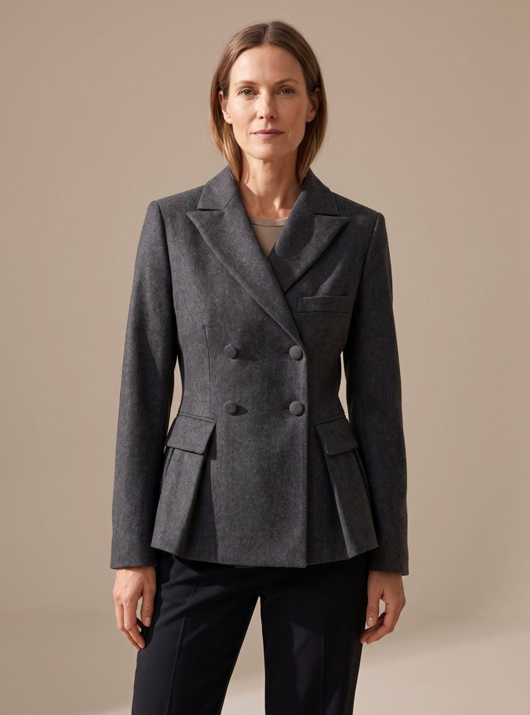 Women's Double-Breasted Peplum Blazer Notch Lapel Long Sleeve - Dark Gray