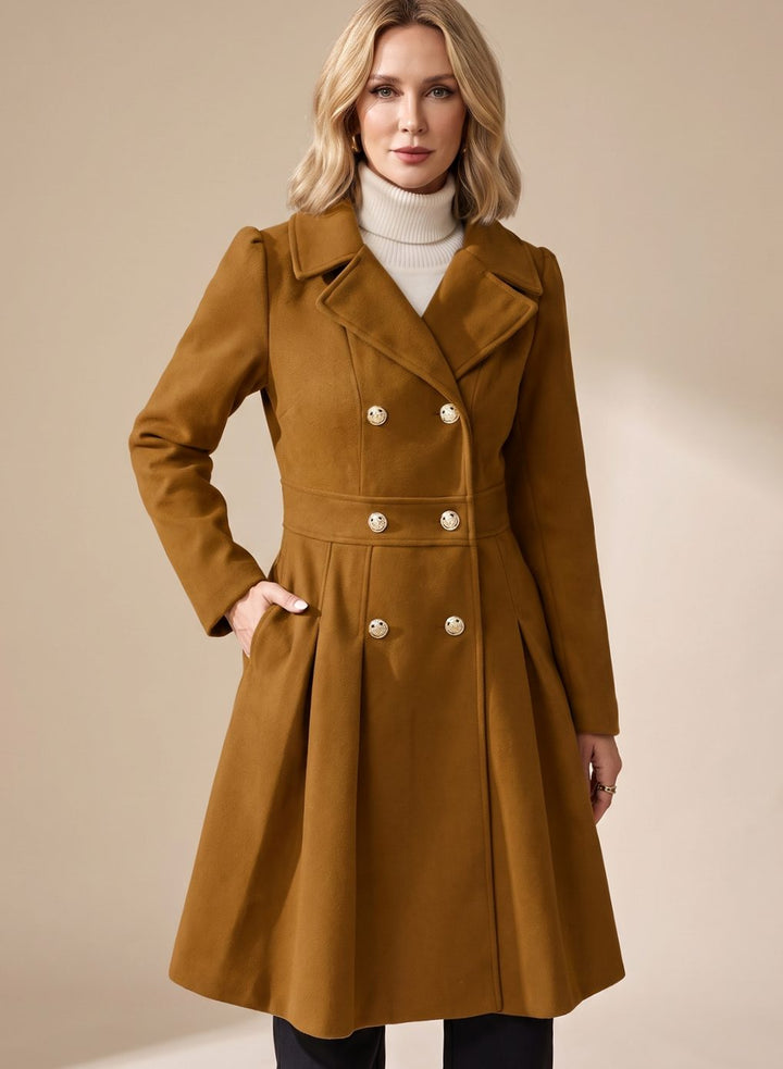 Women's Double-Breasted Pleated A-Line Wool-Blend Longline Coat