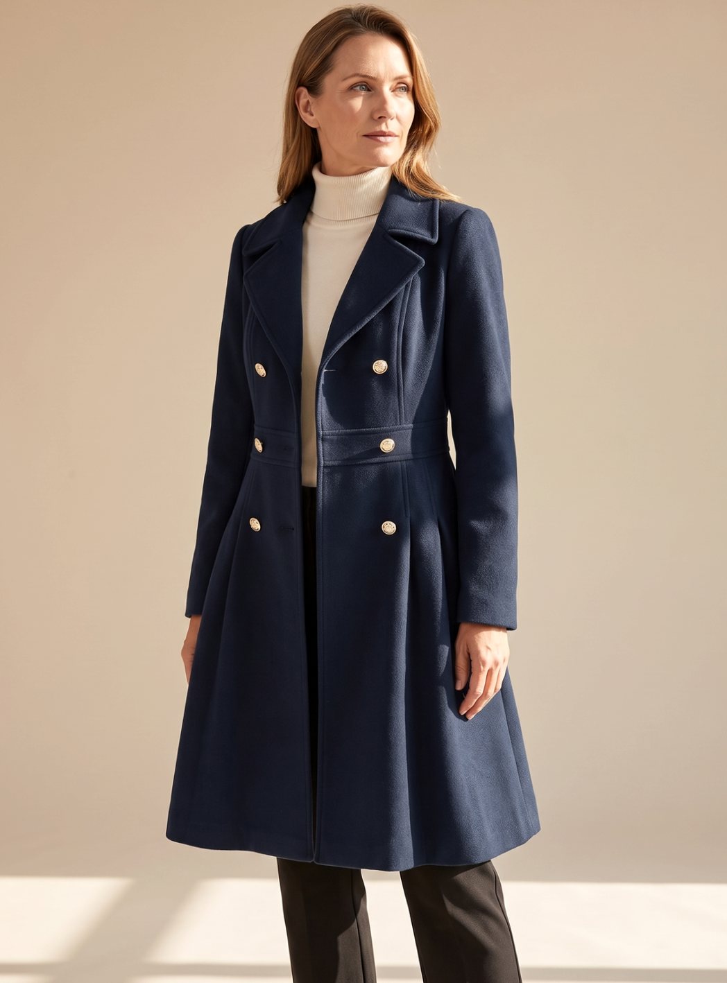 Women's Double-Breasted Pleated A-Line Wool-Blend Longline Coat