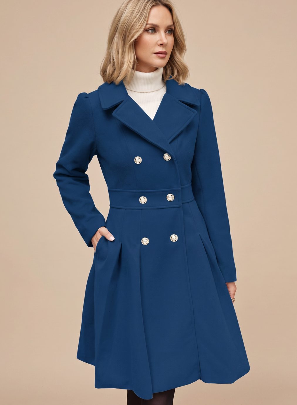 Women's Double-Breasted Pleated A-Line Wool-Blend Longline Coat