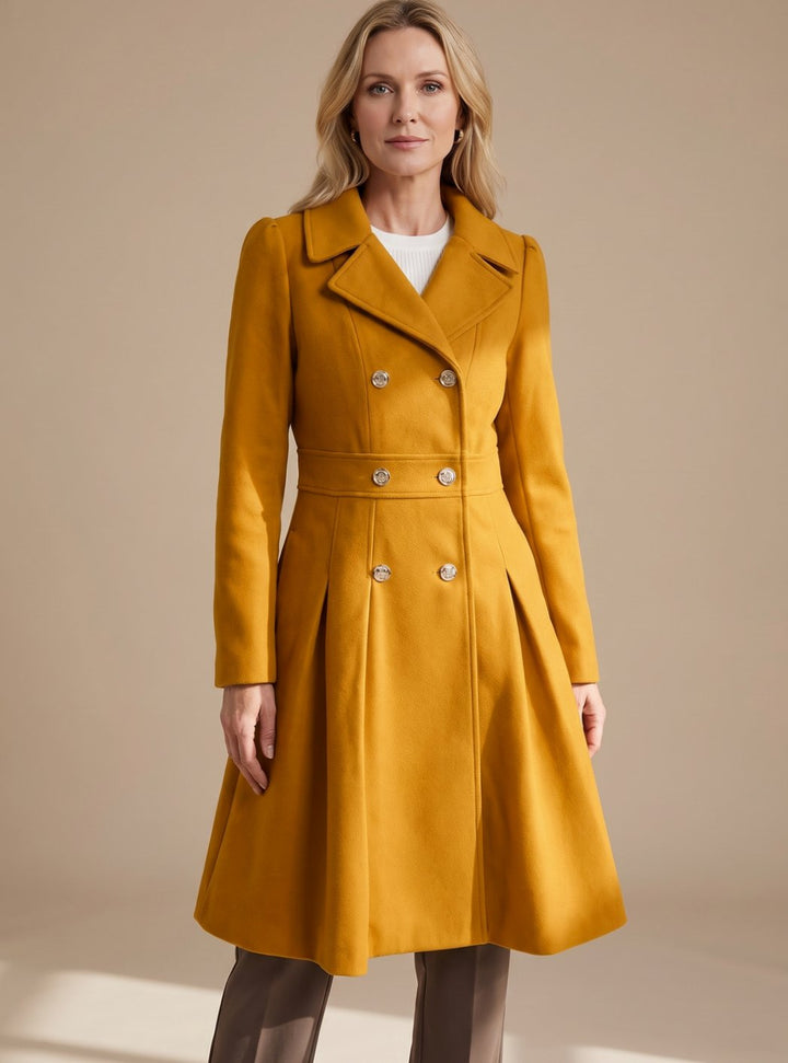 Women's Double-Breasted Pleated A-Line Wool-Blend Longline Coat
