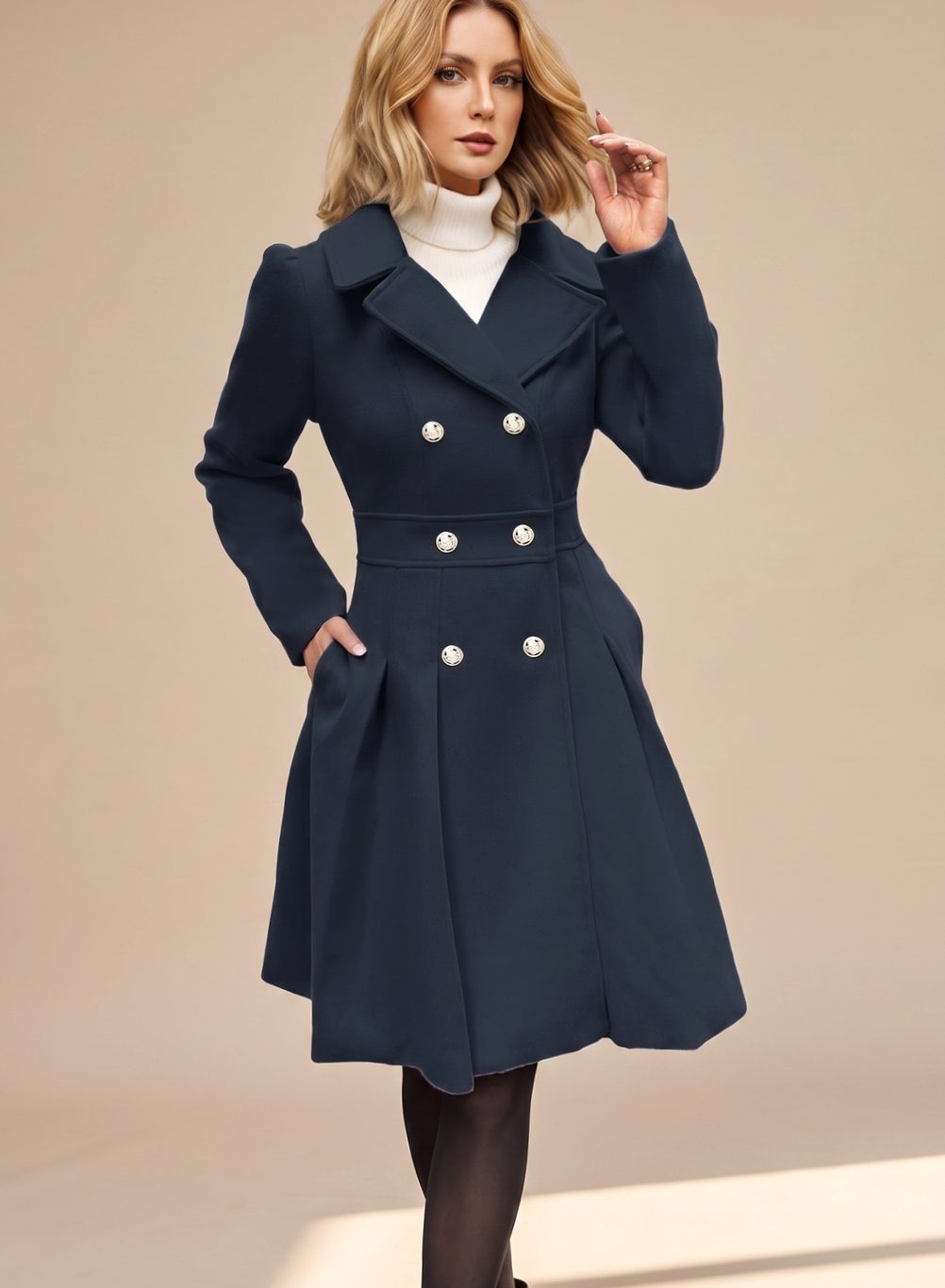 Women's Double-Breasted Pleated A-Line Wool-Blend Longline Coat - Black