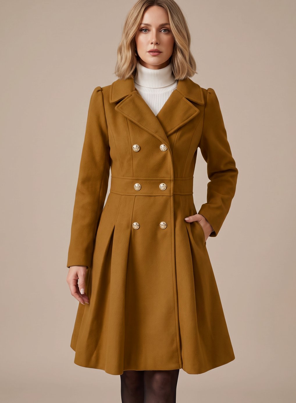 Women's Double-Breasted Pleated A-Line Wool-Blend Longline Coat - Camel