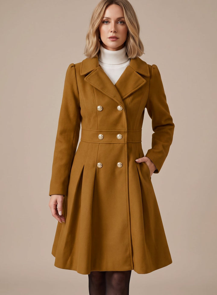 Women's Double-Breasted Pleated A-Line Wool-Blend Longline Coat - Camel