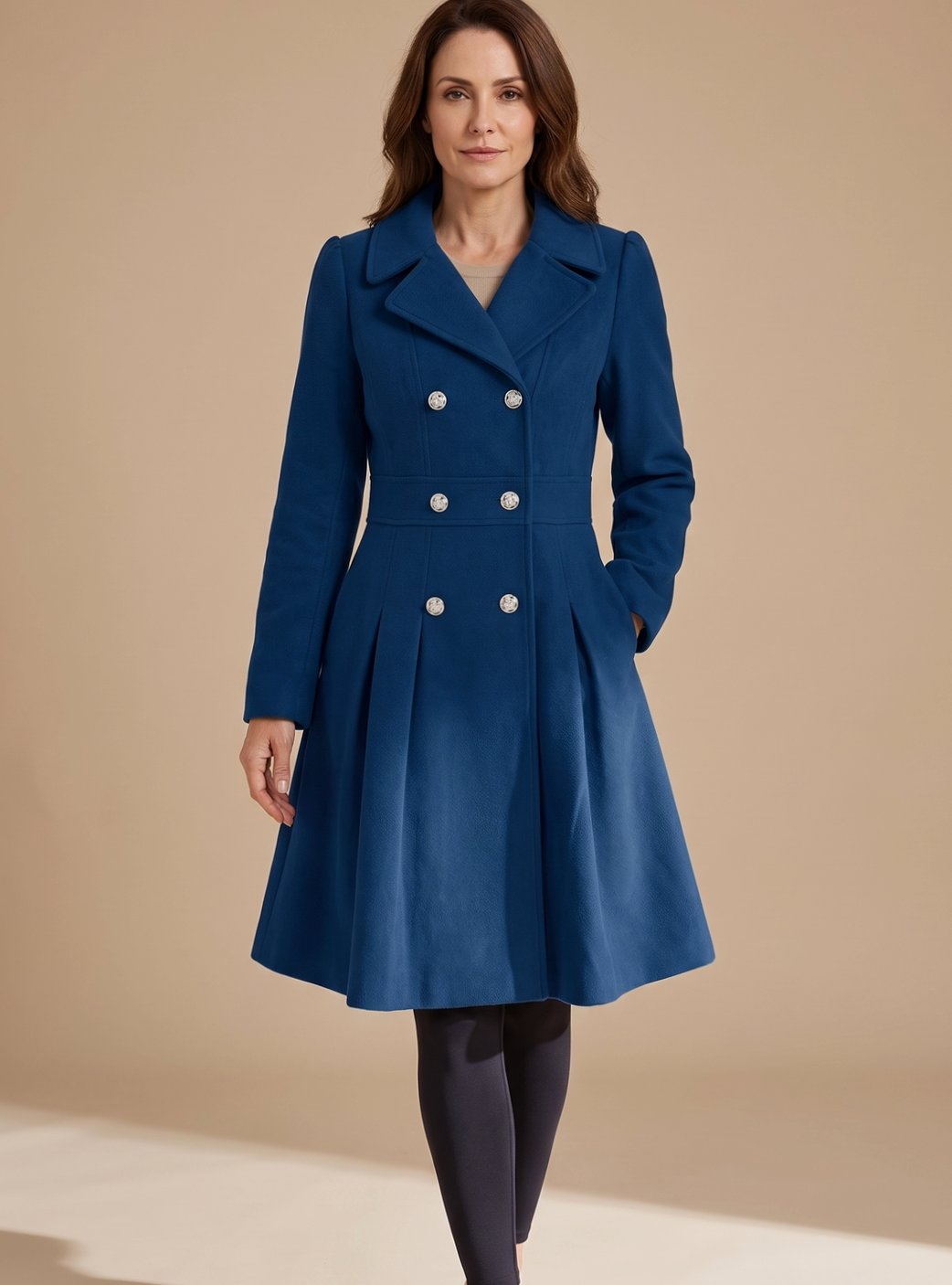 Women's Double-Breasted Pleated A-Line Wool-Blend Longline Coat - Dark Navy