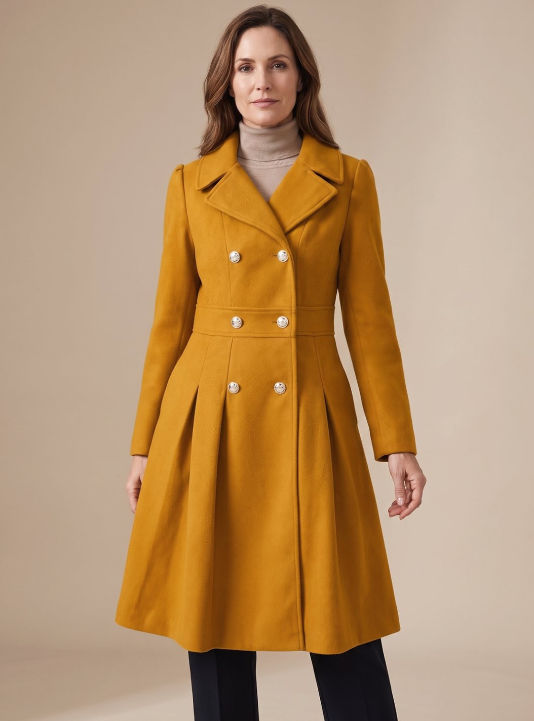Women's Double-Breasted Pleated A-Line Wool-Blend Longline Coat - Yellow