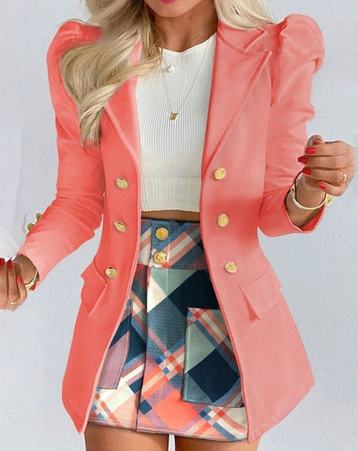 Women's Double-Breasted Puff-Sleeve Blazer Floral Skirt Co-ord Set - Pink