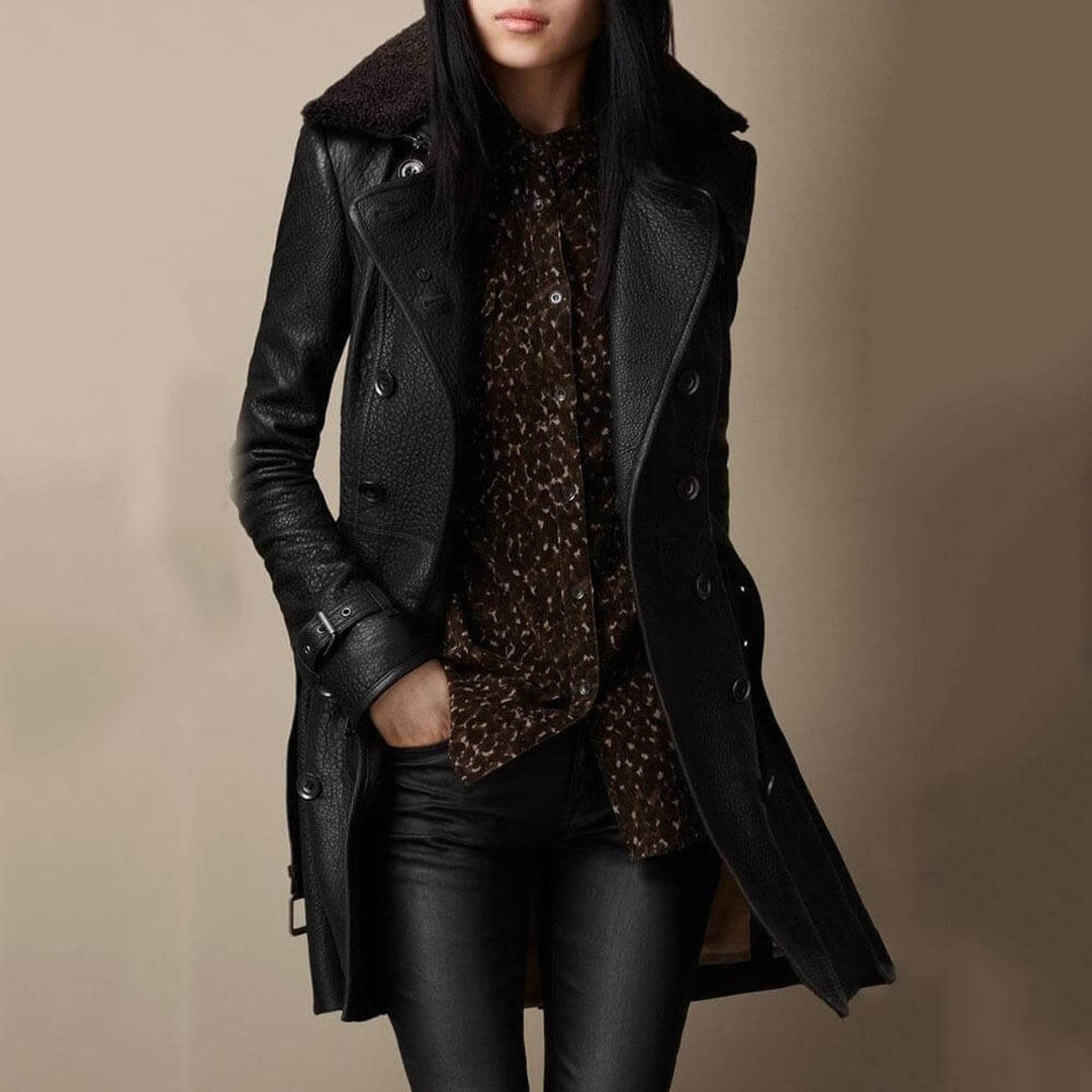 Women's Double-Breasted Shearling-Collar Leather Trench Coat