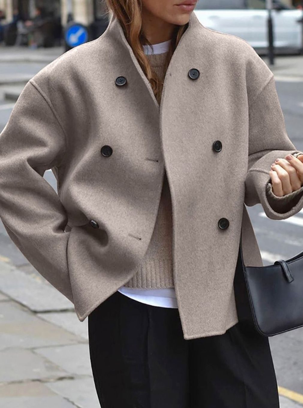 Women's Double-Breasted Stand-Collar Wool Pea Coat - Taupe