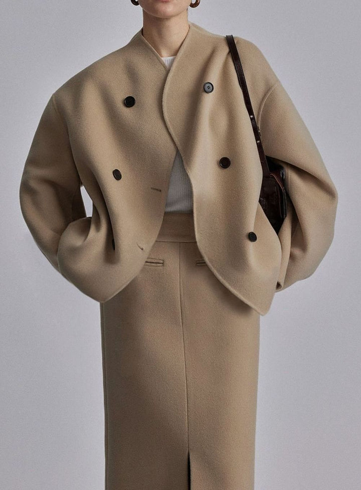 Women's Double-Breasted Stand-Collar Wool Pea Coat - Khaki