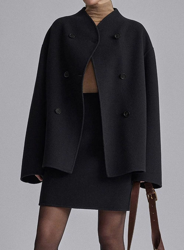Women's Double-Breasted Stand-Collar Wool Pea Coat - Black