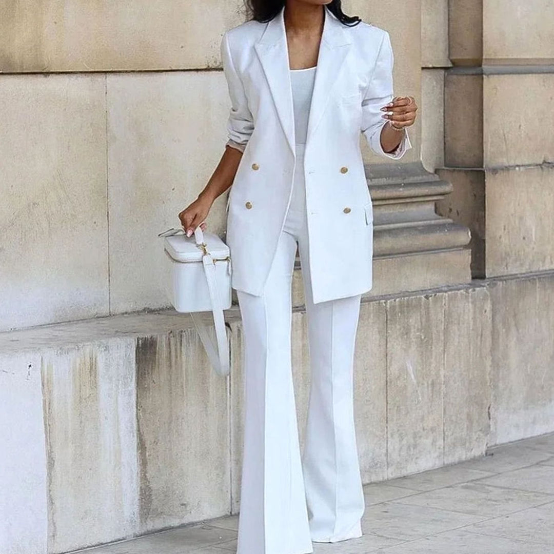 Women's Double-Breasted Tailored Blazer Flared Pants Suit Set - White