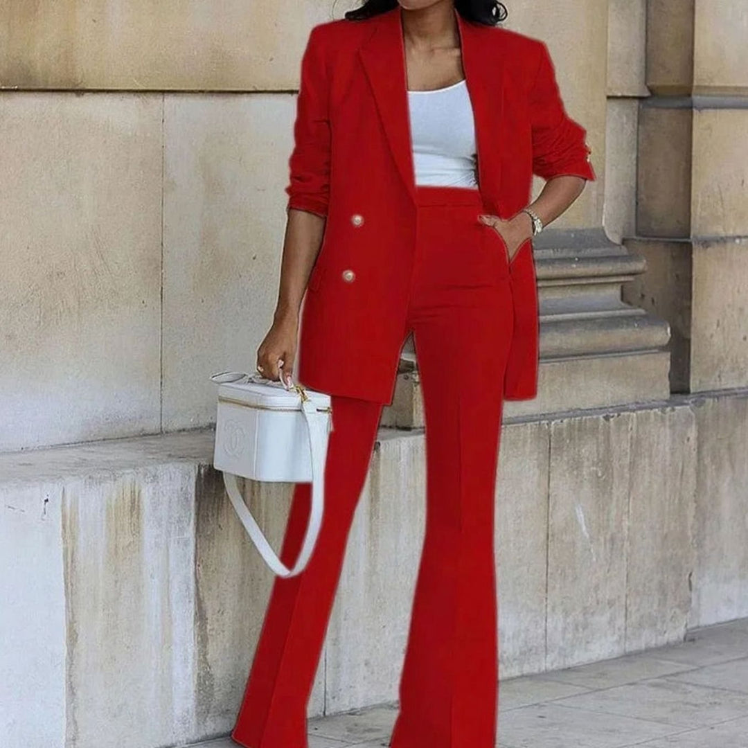 Women's Double-Breasted Tailored Blazer Flared Pants Suit Set - Red