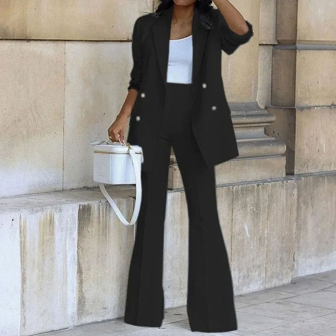 Women's Double-Breasted Tailored Blazer Flared Pants Suit Set - Black