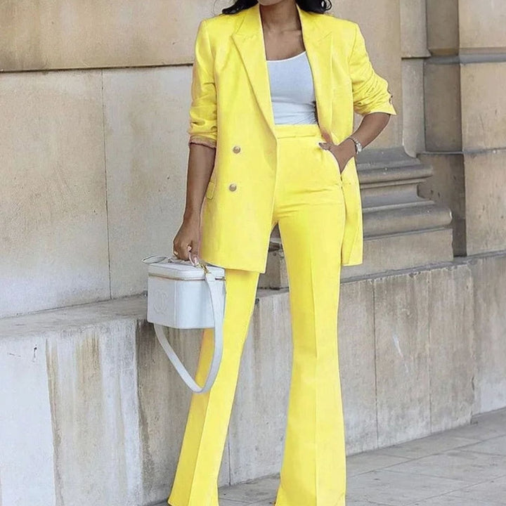 Women's Double-Breasted Tailored Blazer Flared Pants Suit Set - Yellow