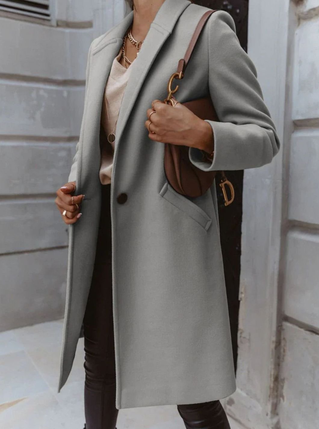 Women's Double-Breasted Tailored Long Coat - Grey