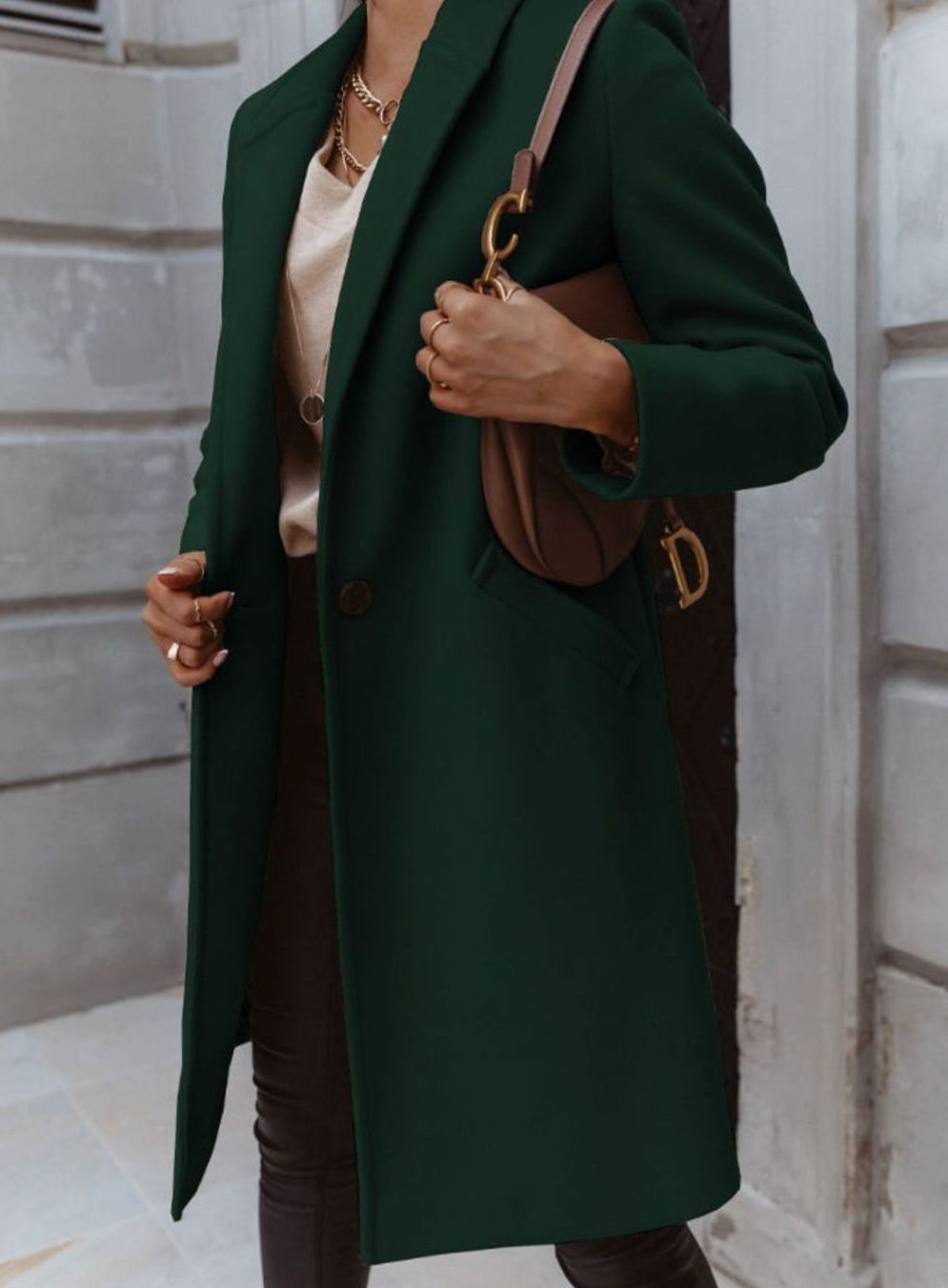 Women's Double-Breasted Tailored Long Coat - Army Green