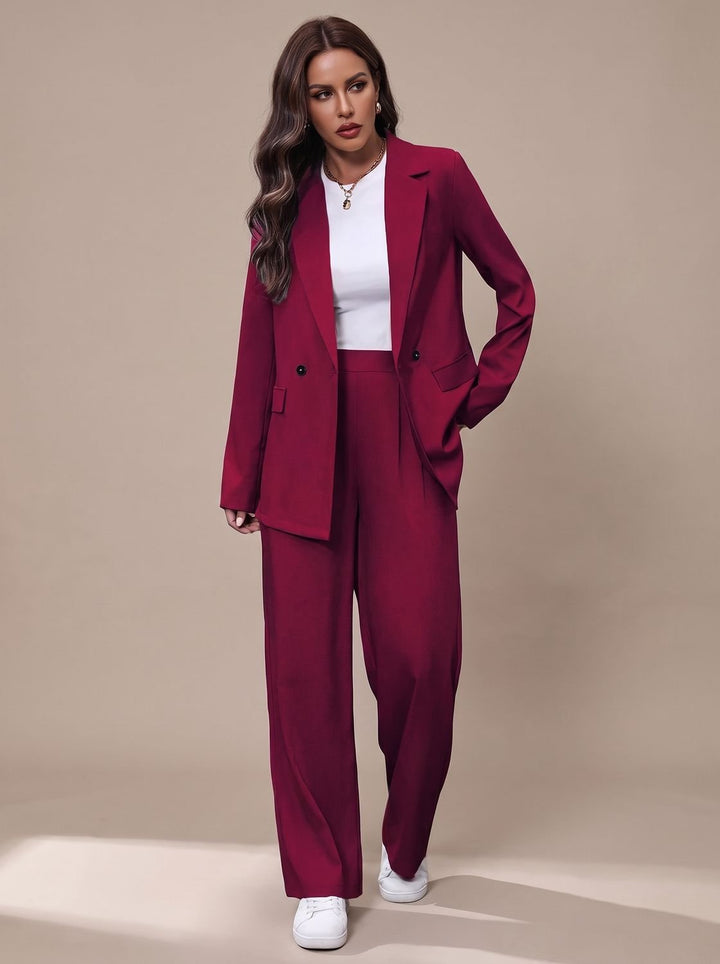 Women's Double-Breasted Tailored Wide-Leg Blazer Pants Suit Set - Burgundy