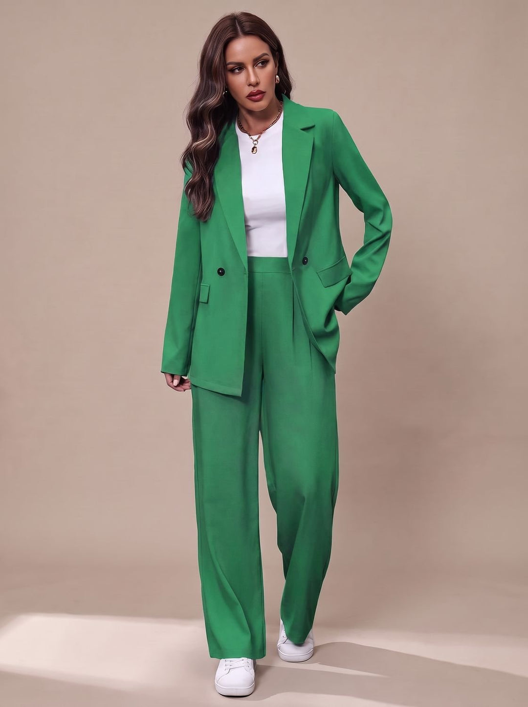 Women's Double-Breasted Tailored Wide-Leg Blazer Pants Suit Set - Green