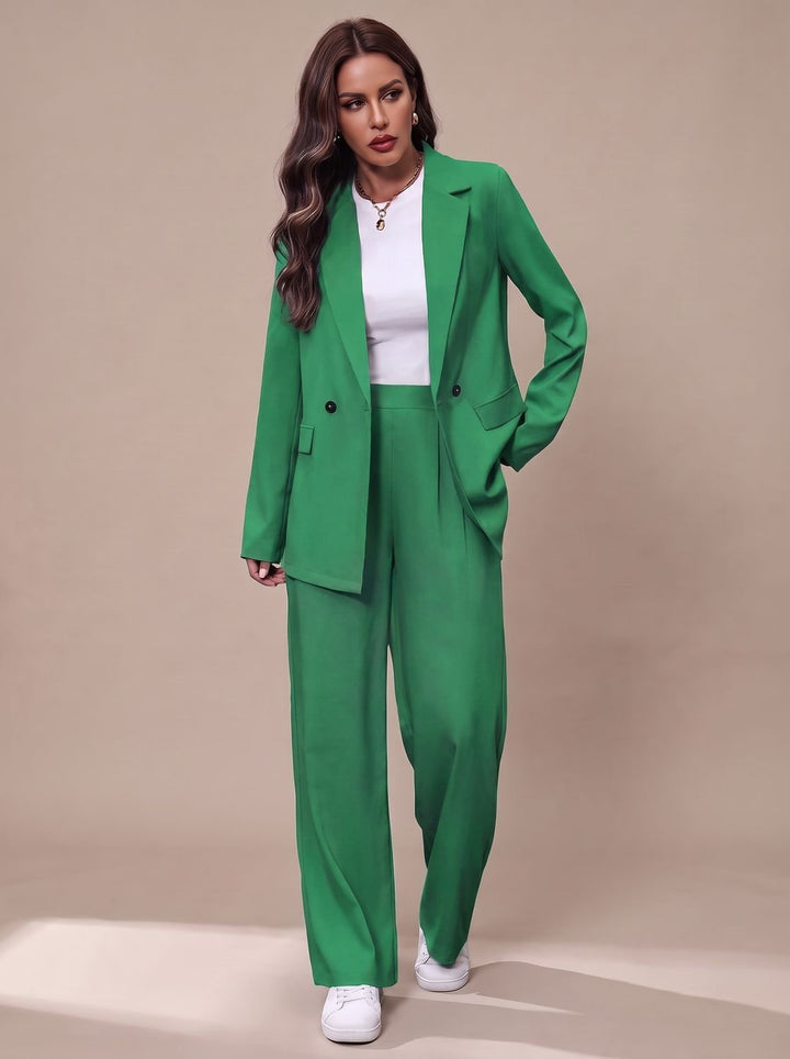 Women's Double-Breasted Tailored Wide-Leg Blazer Pants Suit Set - Green