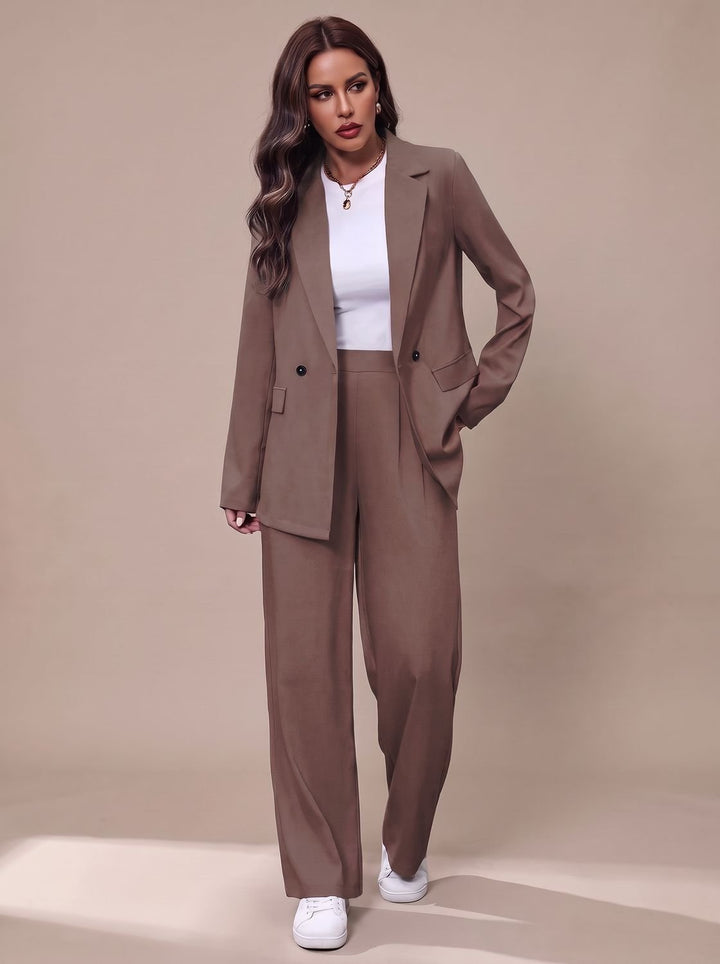 Women's Double-Breasted Tailored Wide-Leg Blazer Pants Suit Set - Brown