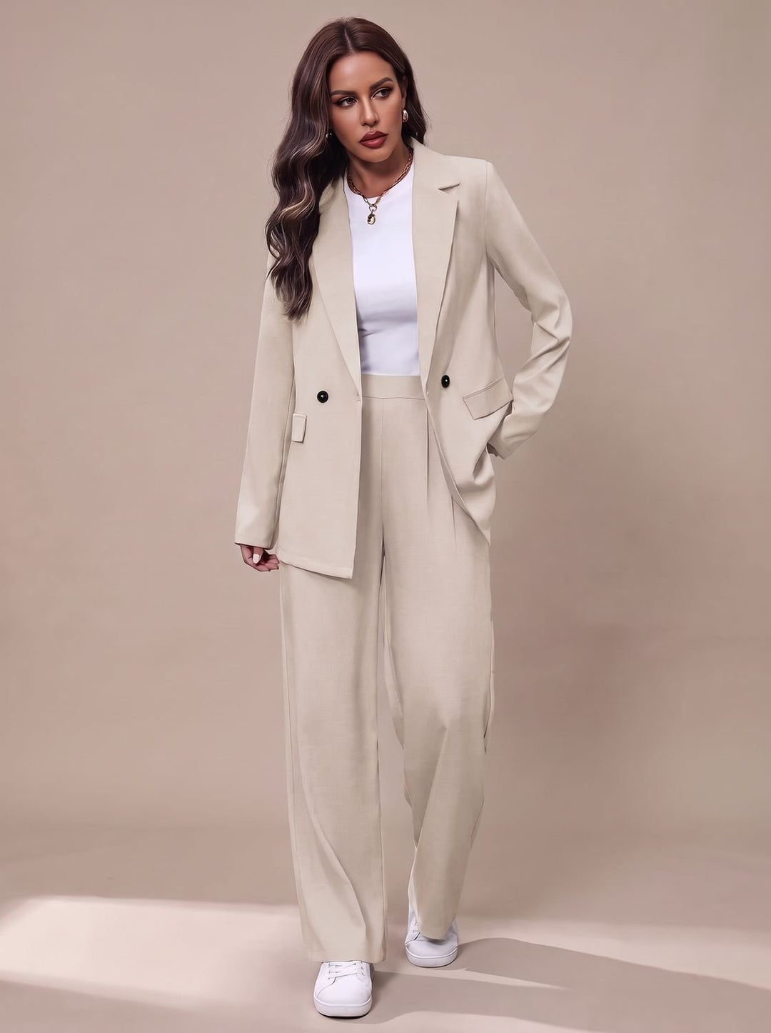 Women's Double-Breasted Tailored Wide-Leg Blazer Pants Suit Set - White