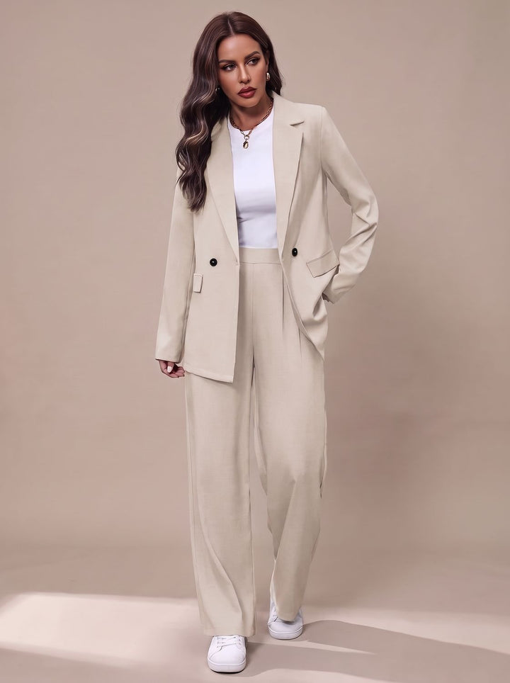 Women's Double-Breasted Tailored Wide-Leg Blazer Pants Suit Set - White