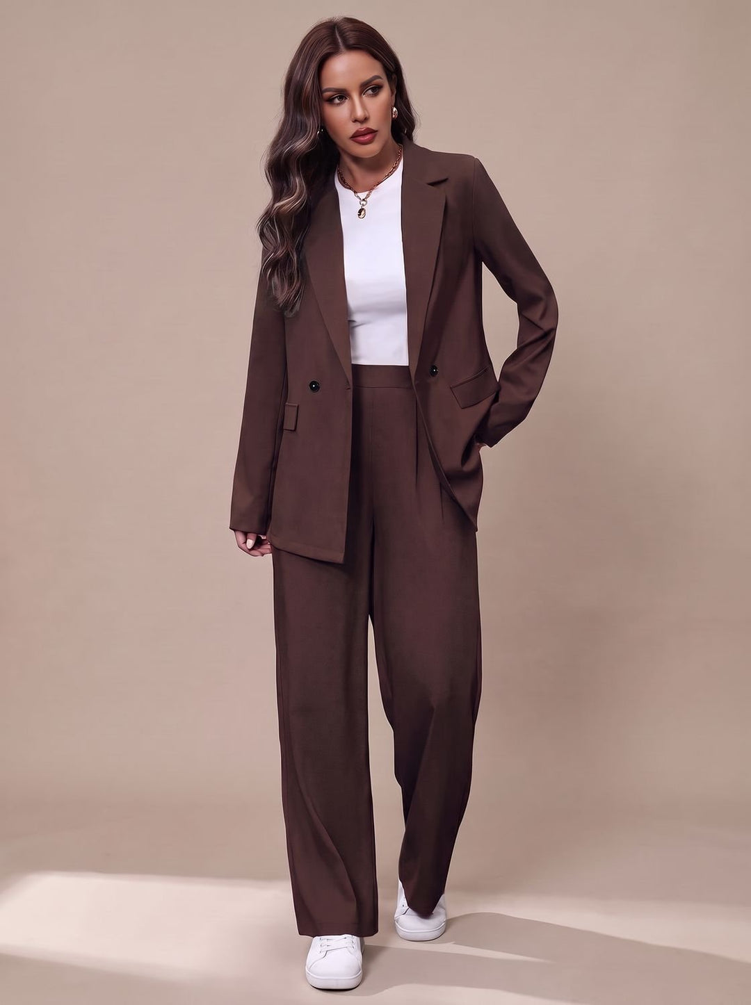 Women's Double-Breasted Tailored Wide-Leg Blazer Pants Suit Set - Dark Brown