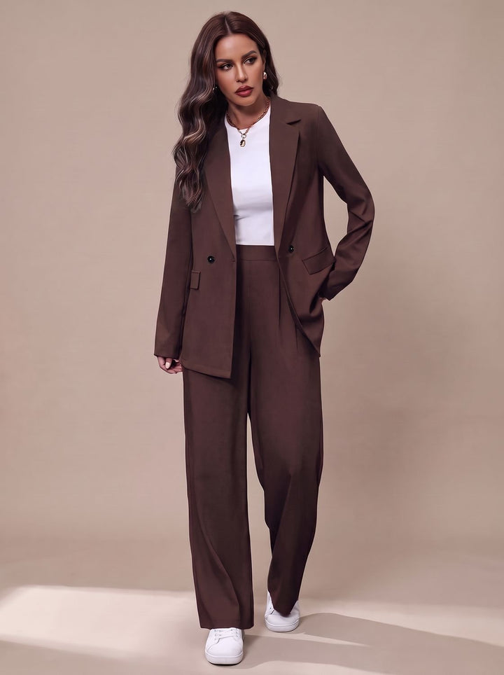 Women's Double-Breasted Tailored Wide-Leg Blazer Pants Suit Set - Dark Brown